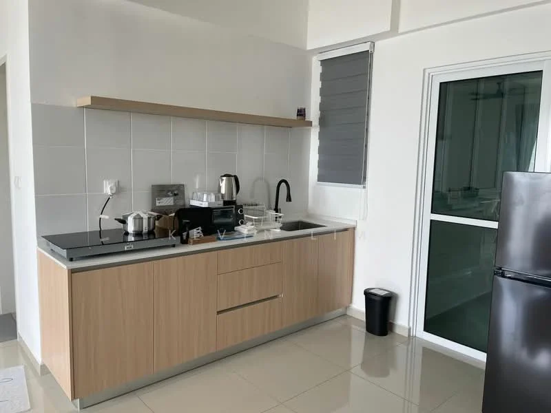 Kitchen features: light wood cabinetry, black countertop, single-bowl stainless-steel sink, chrome pull-down faucet, built-in coffee machine, electric kettle, toaster, stainless-steel fridge, ceramic tile backsplash, white tiled walls, grey roller blinds, floor-to-ceiling glass door, tile flooring; style: modern.