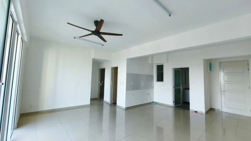 Room features: white painted walls, polished ceramic tile flooring, 5-blade ceiling fan, large windows, doorway to adjacent room, light fixtures on ceiling, neutral color scheme, open layout; style: modern.