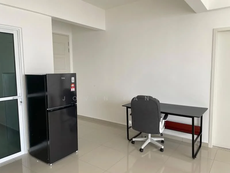 Room features: white painted walls, glossy tile flooring, black fridge, desk with black frame, grey office chair, window with glass panel, minimalist decor; style: modern.