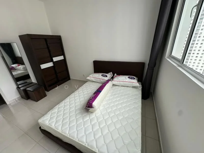Bedroom features: queen-size bed with upholstered headboard, white mattress, decorative bolster pillow, built-in wardrobe with dark wood finish, full-length mirror, white tiled flooring, floor-to-ceiling window with grey curtains, wall-mounted light fixture; style: modern.