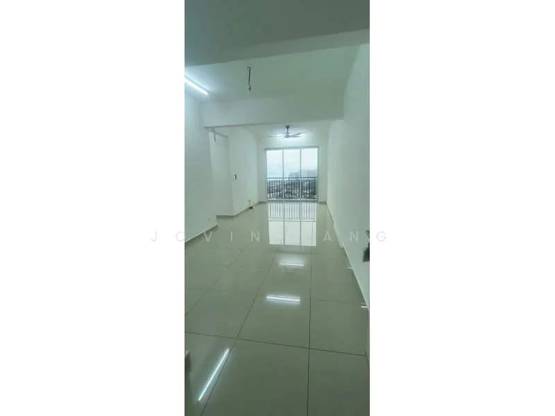 Room features: white painted walls, glossy ceramic tile flooring, ceiling fan, floor-to-ceiling windows, city view, recessed downlights, sliding glass door, open layout; style: modern; view: city.