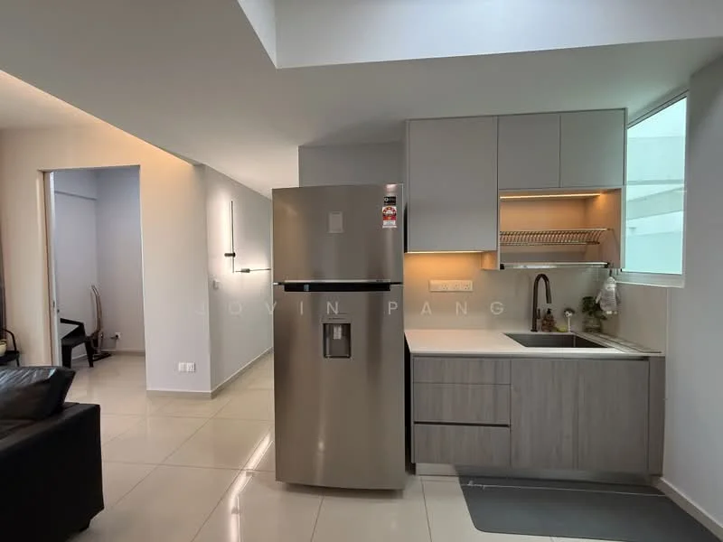 Kitchen features: stainless-steel fridge, single-bowl stainless-steel sink, chrome pull-down faucet, grey cabinetry, white upper cabinets, countertop with backsplash, open shelving, tile flooring, recessed downlights, window for natural light; style: modern. Room features: white painted walls, tile flooring.