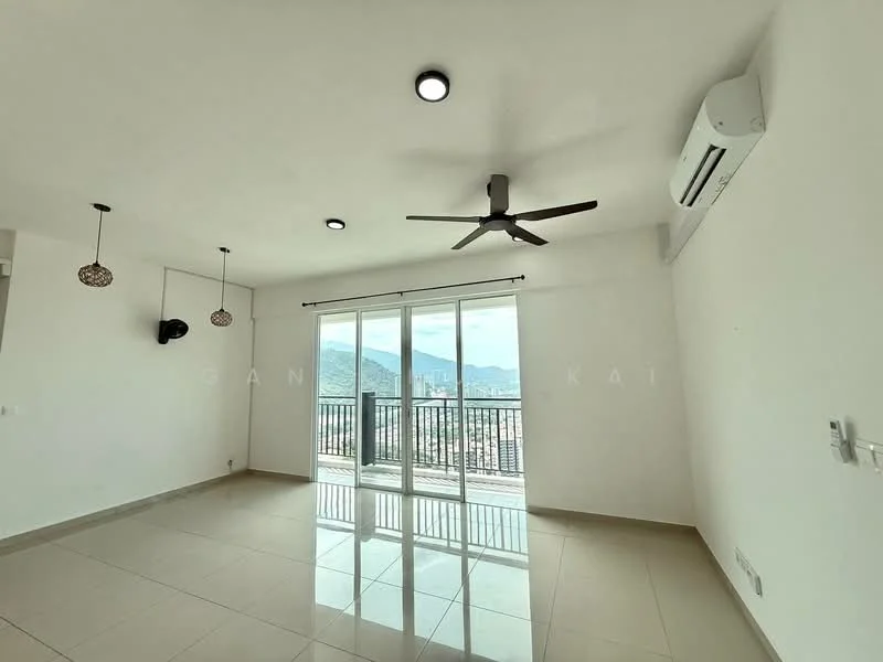 Living features: white painted walls, glossy ceramic tile flooring, 5-blade ceiling fan with light, 2 pendant lamps, floor-to-ceiling sliding glass door, balcony access, mountain view, 1 wall-mounted split AC, recessed downlights; style: modern; view: mountain.