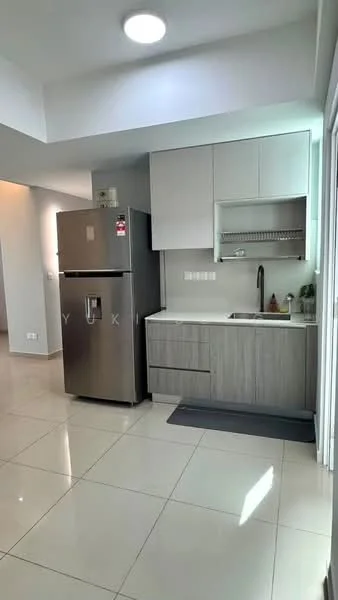Kitchen features: stainless-steel fridge, single-bowl stainless-steel sink, chrome pull-down faucet, white cabinetry with upper shelves, grey lower cabinetry, white countertop, ceramic tile flooring, recessed ceiling lights, window with natural light, grey mat on the floor; style: modern.