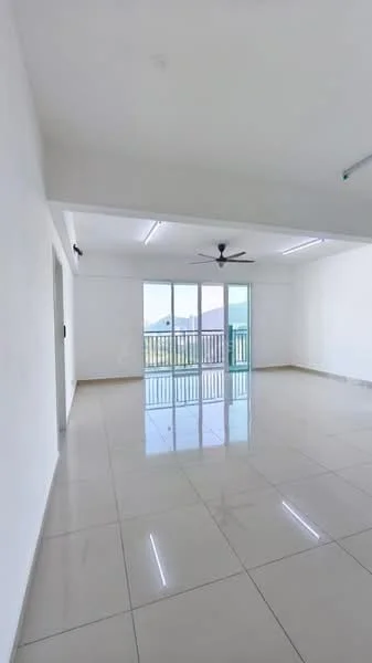 Living features: white painted walls, glossy ceramic tile flooring, 5-blade ceiling fan, floor-to-ceiling windows, sliding glass door, balcony access, natural light, open layout; style: modern; view: city.