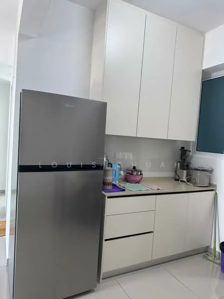 Kitchen features: stainless-steel fridge, white cabinetry, black countertop, built-in cabinets, kitchen sink, kettle, blender, dishwasher, ceramic tile flooring, recessed downlights; style: modern.