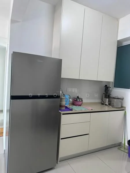 Kitchen features: stainless-steel fridge, white cabinetry, black countertop, built-in kitchen appliances, ceramic tile flooring, wall-mounted kitchen cabinet, kitchen sink, kitchen utensils on countertop, mop and cleaning supplies, window with green view; style: modern.
