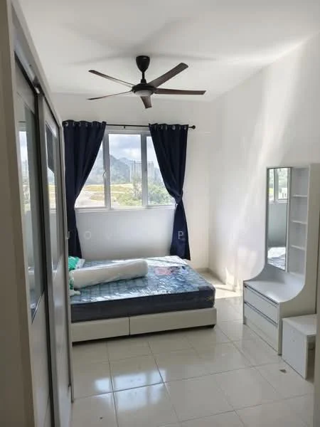 Bedroom features: queen-size bed, white bedding, 2 bedside pillows, white built-in wardrobe with sliding doors, white dressing table, floor-to-ceiling windows, dark blue curtains, ceiling fan with light, white tiled flooring, neutral painted walls, decorative mirror; style: modern; view: city.
