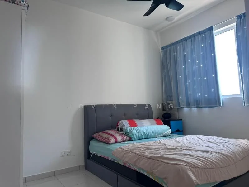Bedroom features: queen-size bed, upholstered headboard, bedding with patterned duvet, bedside table in blue, floor-to-ceiling window, sheer curtains, ceiling fan, white painted walls, tile flooring; style: modern.