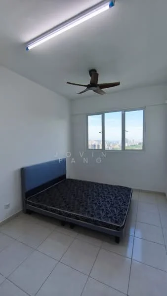 Bedroom features: white painted walls, tile flooring, 5-blade ceiling fan, floor-to-ceiling window, city view, unmade bed with mattress, light fixture, window treatments not visible; view: city.