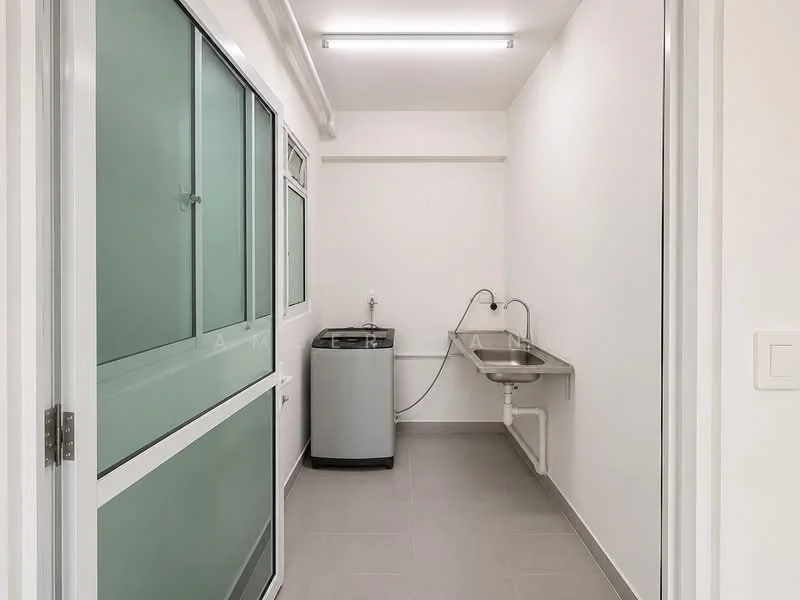 Laundry features: grey tiled flooring, white painted walls, washing machine, stainless-steel sink, wall-mounted faucet, countertop, window with frosted glass, overhead fluorescent lighting; style: modern.