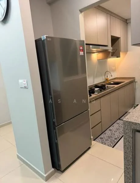 Kitchen features: stainless-steel fridge, built-in oven, 4-burner gas hob, granite countertop, grey cabinetry, single-bowl stainless-steel sink, chrome pull-down faucet, tile backsplash, cream tiled flooring, recessed downlights; style: modern.