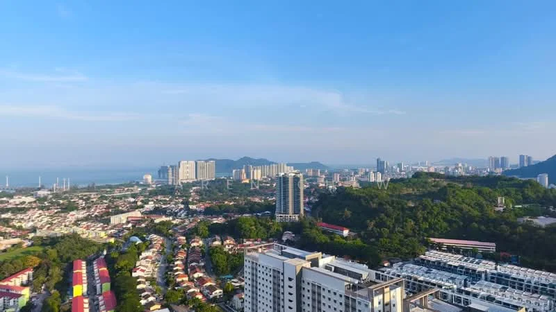 Exterior type: high-rise condominium; features: city skyline view, surrounded by greenery, near waterfront, multi-storey buildings, residential area with terraced houses, hills in background; style: modern.