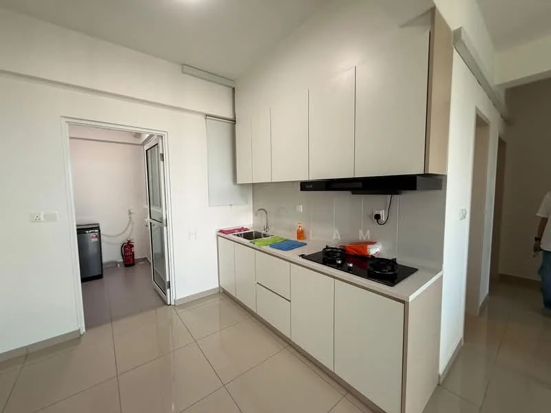 Kitchen features: white flat-panel cabinets, black countertop, stainless-steel sink, chrome pull-down faucet, built-in gas hob, exhaust hood, tile backsplash, ceramic tile flooring, recessed downlights, open layout, window for natural light, utility area visible; style: modern.