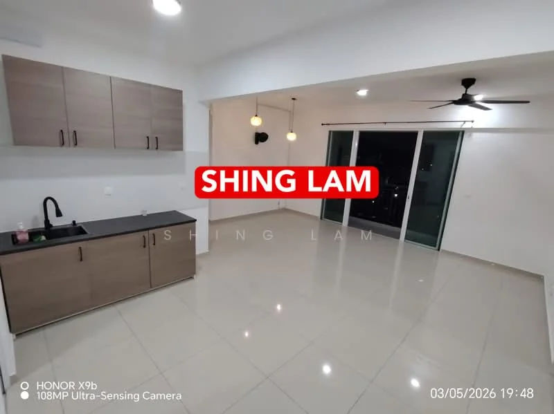 Kitchen features: black countertop, wood cabinetry, single-bowl stainless-steel sink, chrome pull-down faucet; style: modern. Living features: white painted walls, glossy tile flooring, ceiling fan, pendant lighting, large windows, open layout; style: modern.