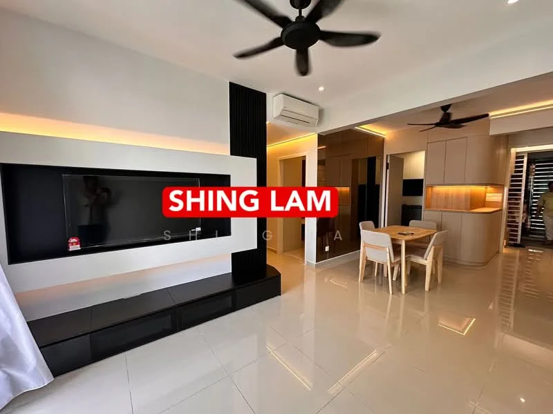 Living features: white painted walls, glossy tile flooring, black feature wall, built-in TV console, recessed lighting, ceiling fan, floor-to-ceiling windows, open-plan layout with dining area; style: modern. Dining features: wooden dining table, four dining chairs, pendant lighting, open kitchen area; style: modern.