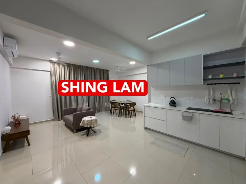 Living features: white painted walls, glossy tile flooring, recessed downlights, 5-blade ceiling fan, floor-to-ceiling curtains, sofa with fabric upholstery, dining table with wooden chairs, kitchen cabinetry with flat-panel design, stainless-steel sink, kettle on countertop, decorative items on shelves; style: modern.