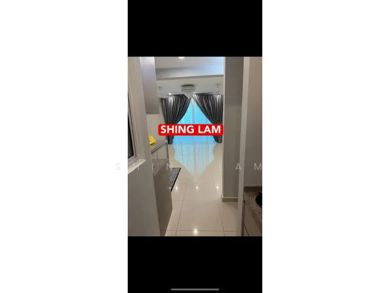 Room features: white walls, glossy tile flooring, recessed downlights, curtains in dark grey, large window with sheer curtains, open layout, corner countertop, kitchen cabinetry, decorative wall feature; style: modern.
