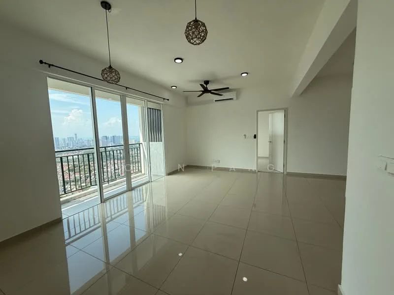 Living features: large floor-to-ceiling windows, sliding glass door, 5-blade ceiling fan with light, recessed LED downlights, white painted walls, glossy ceramic tile flooring, balcony access, city skyline view; style: modern; view: city.