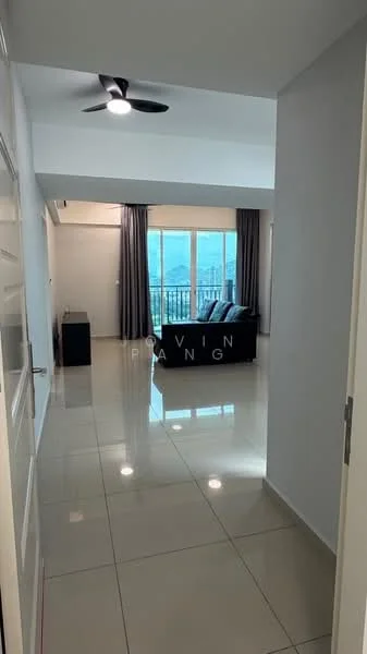 Living features: grey fabric sofa, floor-to-ceiling windows, city view, recessed downlights, 5-blade ceiling fan, white painted walls, glossy tile flooring, curtains, coffee table, TV console; style: modern; view: city. Room features: white painted walls, glossy tile flooring, door leading to living area.