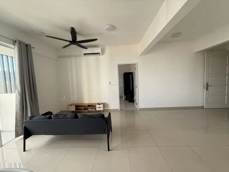 Living features: white painted walls, polished ceramic tile flooring, 5-blade ceiling fan, wall-mounted split AC, sofa in black fabric, wooden coffee table, floor-to-ceiling windows, curtains, recessed downlights; style: modern; view: city.