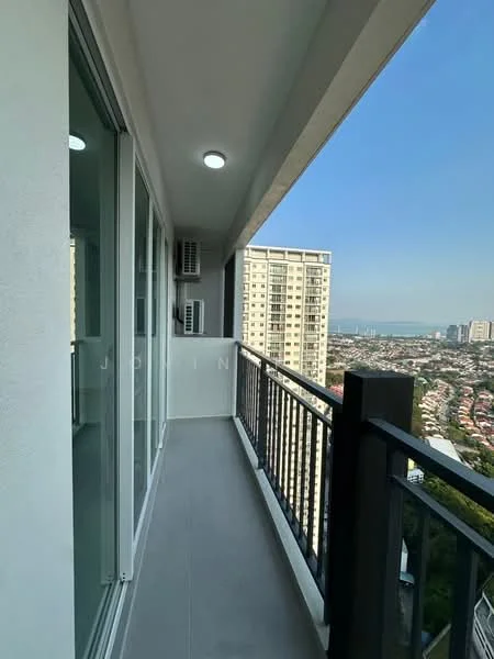 Room features: balcony, glass railing, grey tiled flooring, two wall-mounted split AC units, city view, clear blue sky; style: modern; view: city.