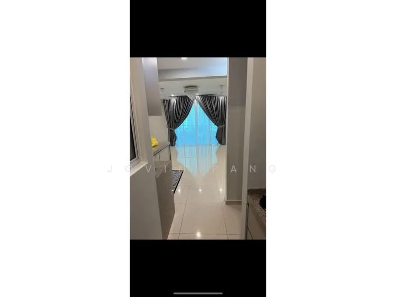 Room features: white painted walls, glossy tile flooring, floor-to-ceiling windows, sheer curtains, blackout curtains, recessed downlights, ceiling-mounted air conditioning unit, open layout; style: modern.
