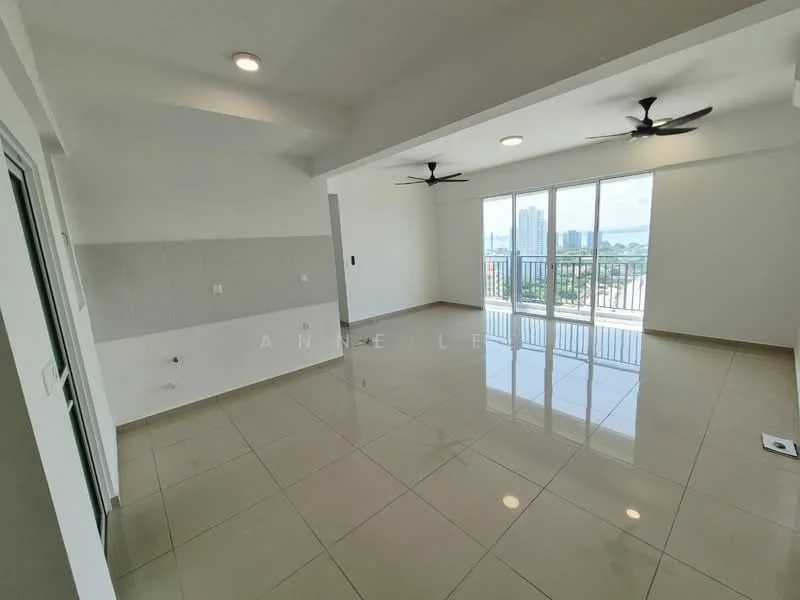 Living features: white painted walls, glossy ceramic tile flooring, exposed ceiling with recessed downlights, 2 ceiling fans, floor-to-ceiling windows, sliding glass door, city view, open layout; style: modern; view: city.