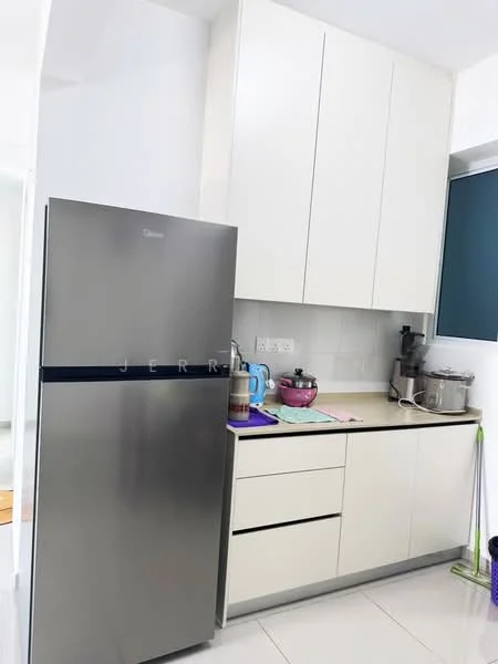 Kitchen features: stainless-steel fridge, white cabinetry, black countertop, ceramic tile flooring, built-in kitchen appliances, kitchen sink, kitchen utensils on countertop, wall-mounted cabinet, recessed lighting; style: modern.