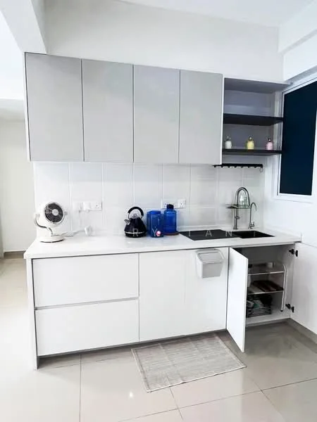 Kitchen features: white cabinetry with flat-panel doors, grey upper cabinets, stainless-steel sink, chrome pull-down faucet, white countertop, built-in shelf above sink, ceramic tile flooring, wall-mounted fan, kettle, water dispenser, open storage for kitchen items; style: modern.