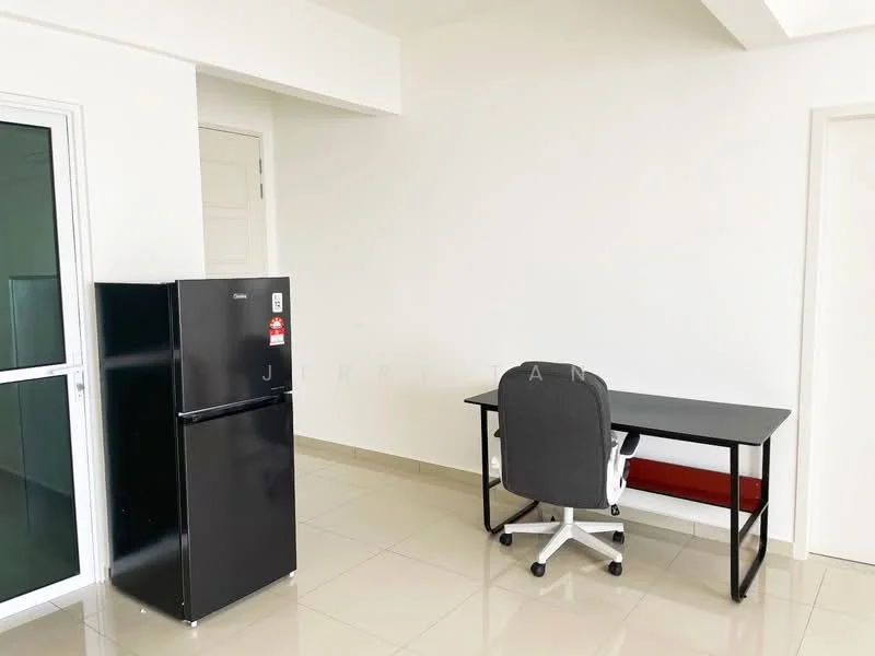 Room features: black fridge, desk with chair, white walls, glossy tile flooring, large window, neutral color scheme; style: modern.