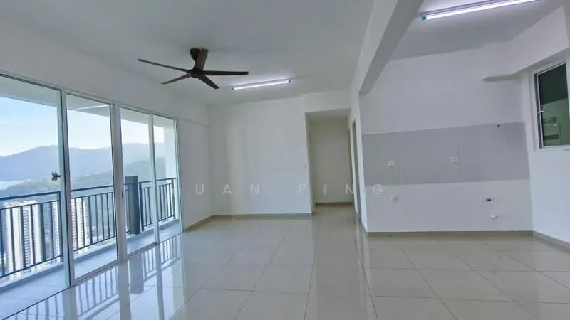 Living features: floor-to-ceiling windows, sliding glass door, white painted walls, ceramic tile flooring, 5-blade ceiling fan, recessed LED downlights, balcony access, mountain view; style: modern; view: mountain.