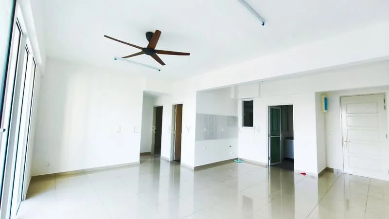 Living features: white painted walls, polished ceramic tile flooring, 5-blade ceiling fan, floor-to-ceiling windows, natural light, open layout, neutral color scheme, recessed lighting; style: modern. Kitchen features: white cabinetry, grey tiled backsplash, countertop with sink, open layout to living area, appliances not visible; style: modern.