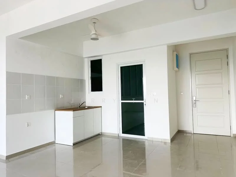 Kitchen features: white cabinetry, wood countertop, single-bowl stainless-steel sink, chrome pull-down faucet, grey ceramic tile backsplash, white walls, light grey floor tiles, ceiling fan, window, sliding glass door; style: modern.