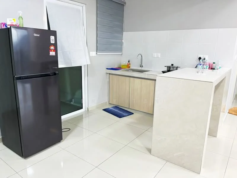 Kitchen features: black fridge, single-bowl stainless-steel sink, chrome pull-down faucet, laminate cabinetry in light wood finish, white tiled backsplash, countertop with stone finish, ceramic tile flooring, window with roller blinds, kitchen island, dish soap dispenser, various kitchen utensils on countertop; style: modern.