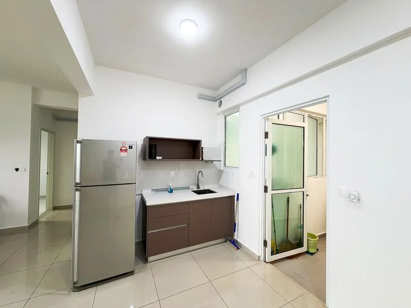 Kitchen features: white painted walls, cream tiled flooring, single-bowl stainless-steel sink, chrome pull-down faucet, laminate countertop, flat-panel brown cabinets, stainless-steel fridge, window with glass panel, door leading to utility area, recessed ceiling light; style: modern. Utility features: white painted walls, cream tiled flooring, window with glass panel, door leading to kitchen.