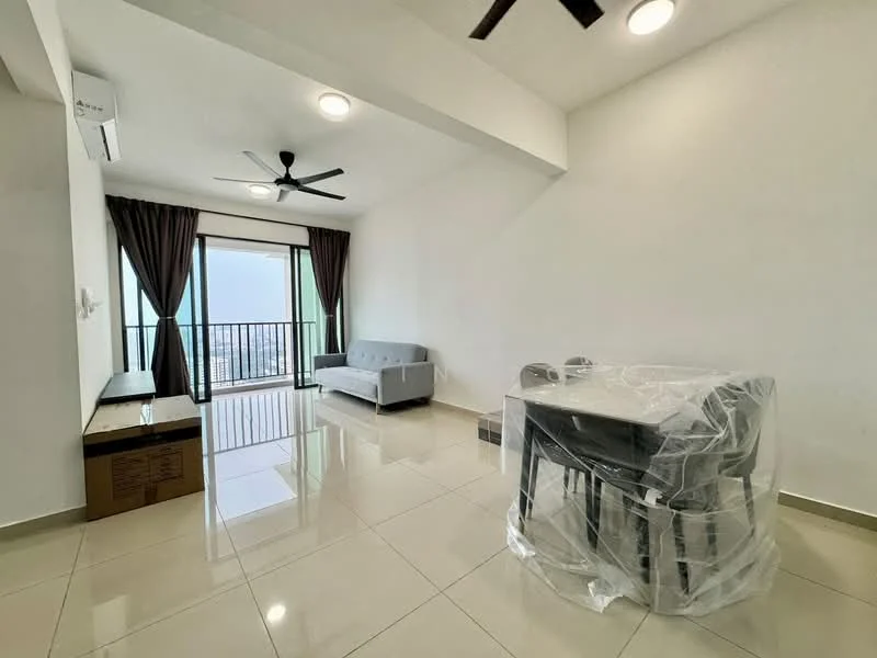 Living features: grey fabric sofa, 4-seater dining table, plastic covering on dining table, floor-to-ceiling windows, balcony access, white painted walls, white ceiling, recessed downlights, ceiling fan, glossy tile flooring, blackout curtains, view of city skyline; style: modern; view: city.