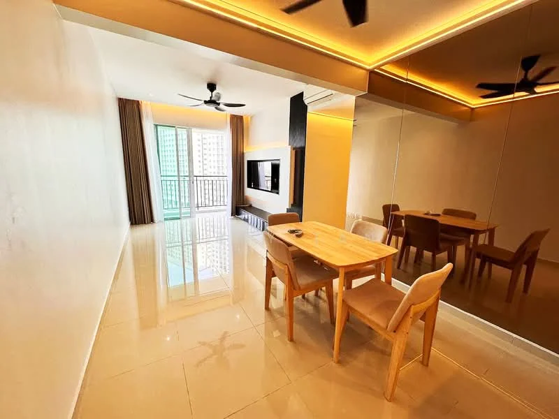 Dining features: dining table with 4 wooden chairs, floor-to-ceiling windows, sliding glass door, light-colored walls, polished ceramic tile flooring, ceiling with recessed lighting, ceiling fan, mirror wall, TV mounted on wall, curtains, open layout to living area; style: modern; view: city.