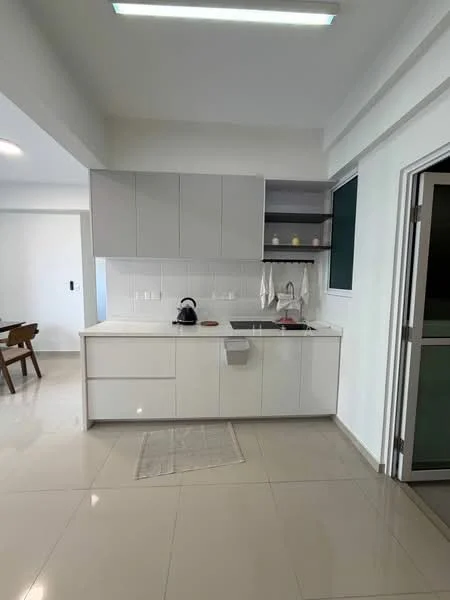 Kitchen features: white cabinetry, grey upper cabinets, single-bowl stainless-steel sink, chrome pull-down faucet, white tiled backsplash, countertop with integrated cooktop, built-in oven, recessed LED downlights, ceramic tile flooring, open shelving, kitchen island, window with view, kitchen rug; style: modern.