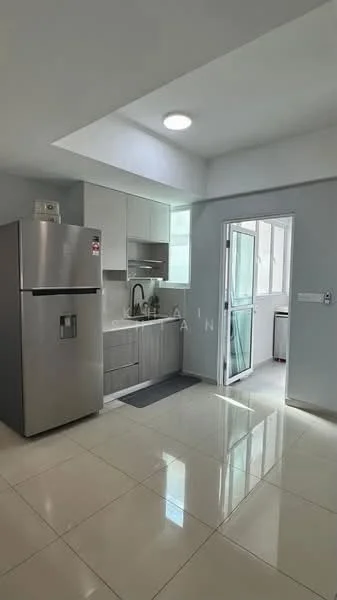 Kitchen features: stainless-steel fridge, single-bowl stainless-steel sink, chrome pull-down faucet, white cabinetry, grey countertop, ceramic tile flooring, recessed downlights, window with glass door, open layout, wall-mounted cabinets, kitchen island, back door leading to utility area; style: modern.
