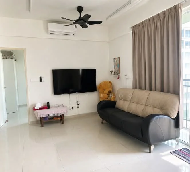 Living features: 3-seater fabric sofa in beige and black, wall-mounted TV, ceiling fan, wall-mounted air conditioning unit, large window with sheer curtains, light-colored tiled flooring, decorative wall art, wooden coffee table, teddy bear decoration; style: modern. Room features: white painted walls, doorway leading to another room.