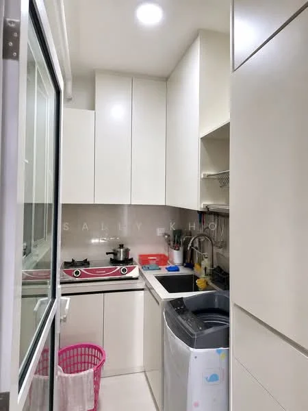 Laundry features: white cabinetry, white countertop, stainless-steel sink, chrome pull-down faucet, built-in washing machine, gas stove with red burners, white tiled backsplash, overhead storage shelves, pink laundry basket, recessed ceiling lights, sliding glass door; style: modern.