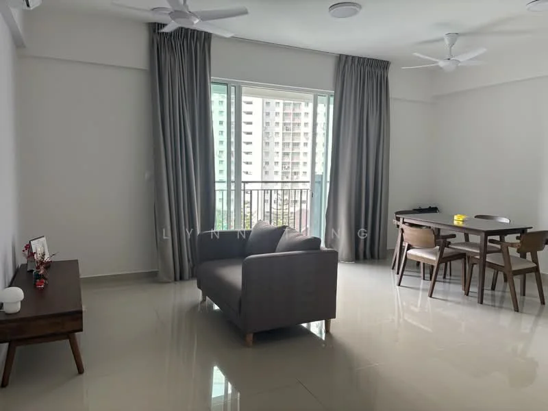 Living features: grey fabric sofa, 2 ceiling fans, white walls, glossy tile flooring, floor-to-ceiling windows, curtains in light grey, wooden side table, dining table with 4 chairs, decorative items on side table; style: modern; view: city.