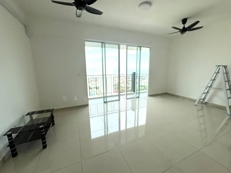 Living features: white painted walls, glossy ceramic tile flooring, 2 ceiling fans, floor-to-ceiling windows, sliding glass door, black coffee table, balcony view, ladder, natural light; style: modern; view: city.