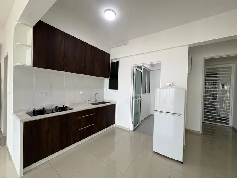Kitchen features: brown wooden cabinetry, white countertop, stainless-steel sink, chrome pull-down faucet, 4-burner gas hob, built-in oven, white fridge, white tiled backsplash, ceramic tile flooring, recessed downlights, wall-mounted cabinets, open shelving; style: modern. Room features: glass sliding door, grey flooring, white walls.