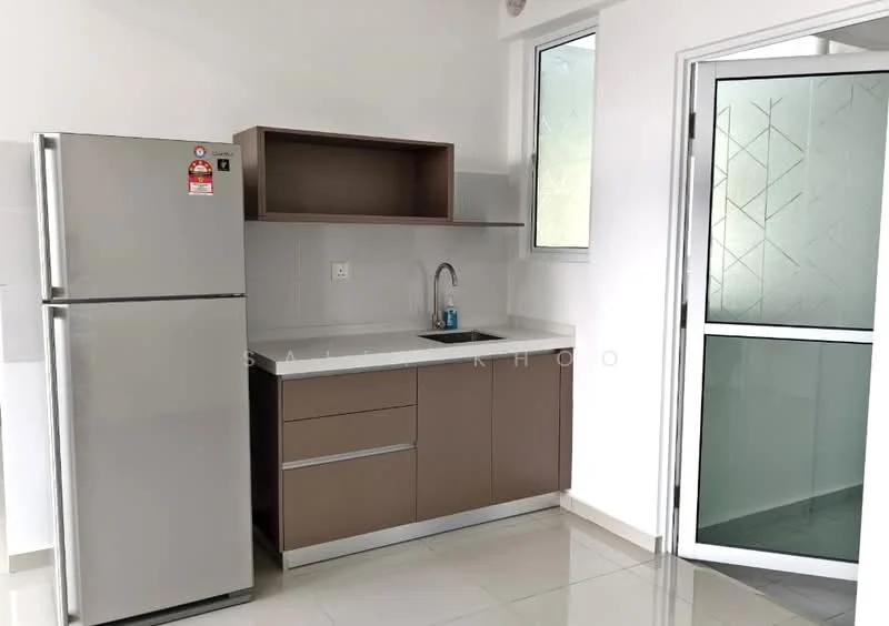 Kitchen features: stainless-steel fridge, brown cabinetry, white countertop, single-bowl stainless-steel sink, chrome pull-down faucet, white tiled backsplash, window with frosted glass, light-colored floor tiles; style: modern.