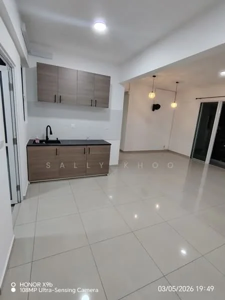 Kitchen features: grey laminate cabinetry, black countertop, single-bowl stainless-steel sink, chrome pull-down faucet, ceramic tile flooring, recessed downlights, pendant lights, floor-to-ceiling windows, open layout, white painted walls; style: modern.