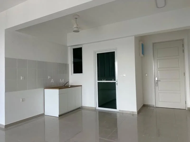 Room features: white painted walls, grey ceramic tile flooring, single-bowl stainless-steel sink, wood countertop, white cabinetry, floor-to-ceiling window, sliding glass door, ceiling fan, recessed downlights; style: modern.