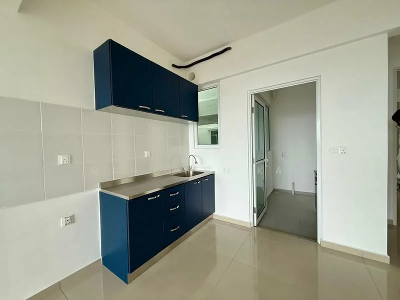 Kitchen features: blue cabinetry, stainless-steel countertop, single-bowl stainless-steel sink, chrome pull-down faucet, white tiled backsplash, wall-mounted cabinets, floor-to-ceiling window, ceramic tile flooring, open layout, doorway leading to another room; style: modern.
