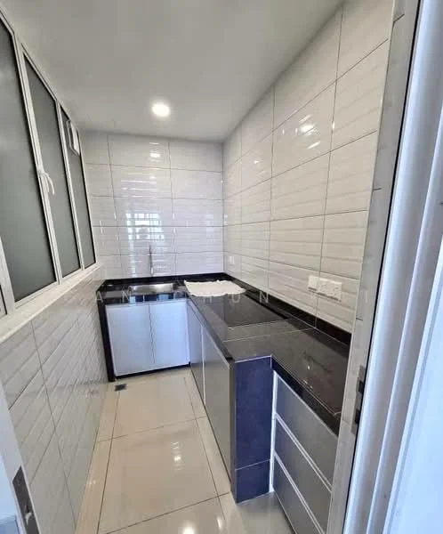 Kitchen features: white tiled walls, black granite countertop, stainless-steel sink, chrome faucet, grey cabinetry, ceramic tile flooring, recessed LED downlights, floor-to-ceiling windows; style: modern.